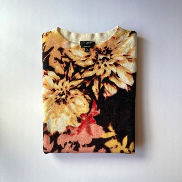 Cashmere Pullover Sweater Talbots Size MP Audrey "Lush Dahlias" Brown Multi - Picture 10 of 10